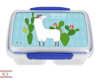 Zoete lama lunchbox met je naam voor school kleuterschool en kantoor