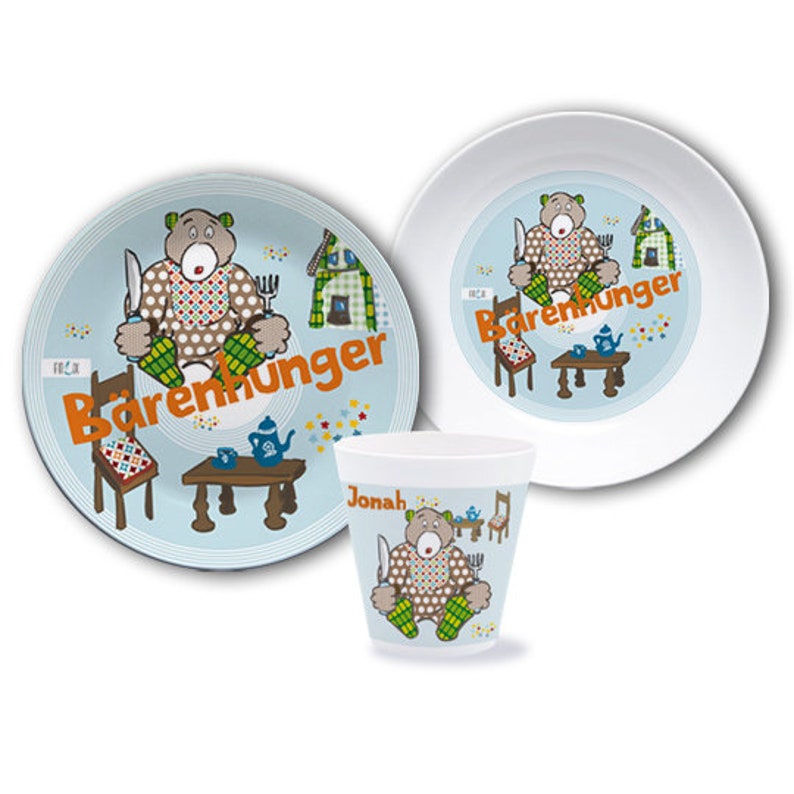 Kindergeschirr, Kinderteller mit Namen, personalisiert, Taufgeschenk, Geschenk Geburt, Kindergeschirr Set Melamin, Name, Bär Bild 2