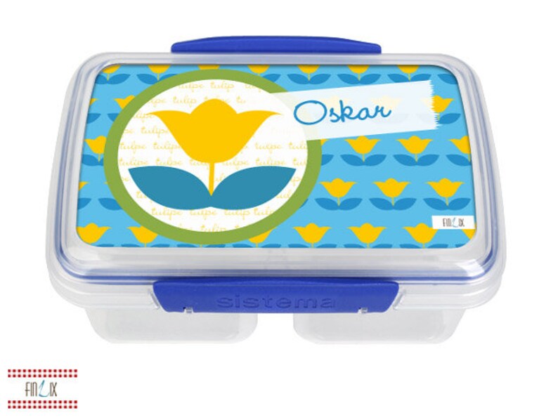 Bread tin with wish name and retro motif flower for kindergarten and school image 2