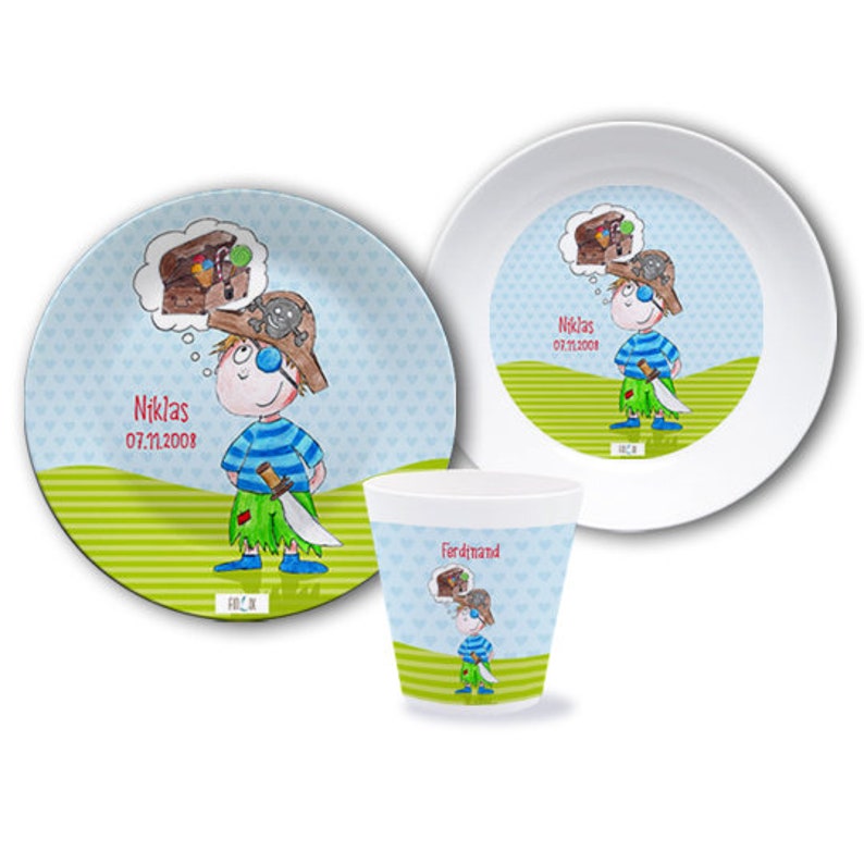 Kindergeschirr personalisiert, Kinderteller mit Namen, Geschenk Taufe, Geburt, Taufgeschenk, Set Melamin, Baby Teller Breischale, Pirat Bild 1