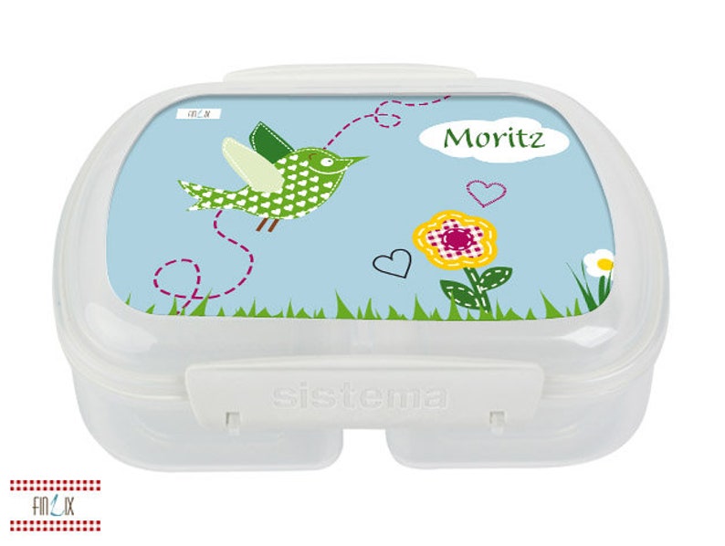 Lunchbox lunch box with sweet bird and your own name image 1