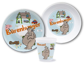 Kindergeschirr, Kinderteller mit Namen, personalisiert, Taufgeschenk, Geschenk Geburt, Kindergeschirr Set Melamin, Name, Bär