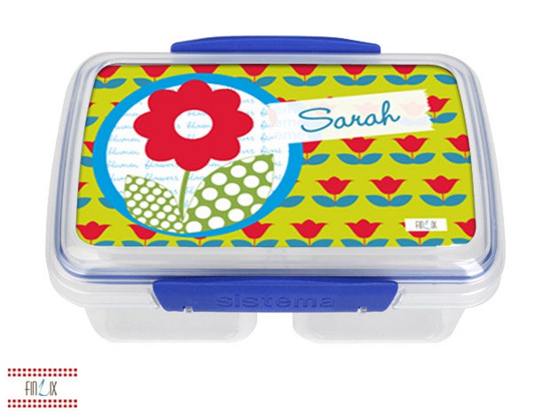 Bread tin with wish name and retro motif flower for kindergarten and school image 1