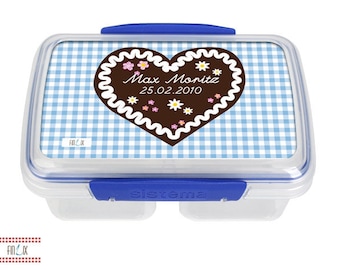 Brood kan Lunchbox personaliseerbaar met grote peperkoek hart in blauw voor kleuter-en school