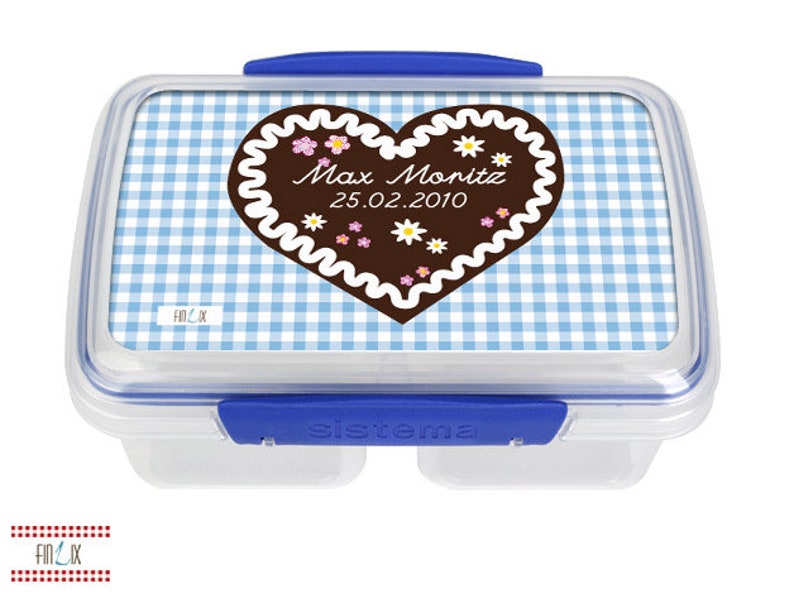 Brotdose Lunchbox personalisierbar mit tollem Lebkuchenherz in blau für Kindergarten und Schule Bild 1