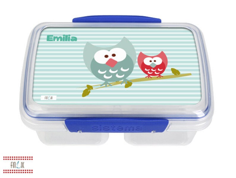 Personalisierte Lunchbox Brotdose mit kleiner und großer Eule für Kindergarten Schule und Büro Bild 1