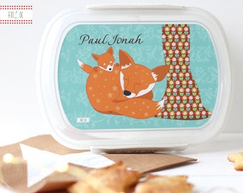 Lunchbox mit Fuchs und Fuchsbaby und dem eigenen Namen für Kindergarten und Schule