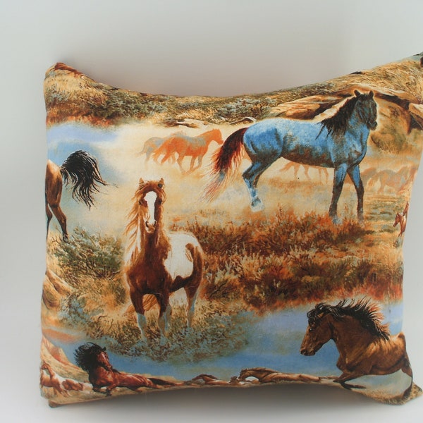 Brown and Gold Horse pillow, Wild horses gallop on gold with blue lakes,  Cotton Poplin.  Two pillows receive free shipping.  16"x13.5"