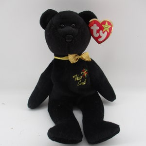 6&quot; Ty Beanie &quot;The End&quot; Black Bear with Gold Lettering, Fireworks and Gold Bow, Ty&#39;s last non-Boo Beanie, retired, new.