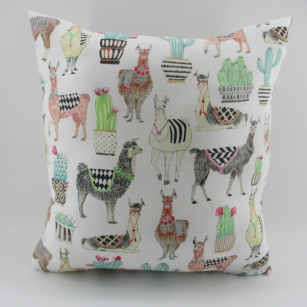 Pink Grey Cream Llamas with Green and Blue Cactus pillow, soft strong Poplin fabric, sewn on side seams, machine washable.   14"x14"