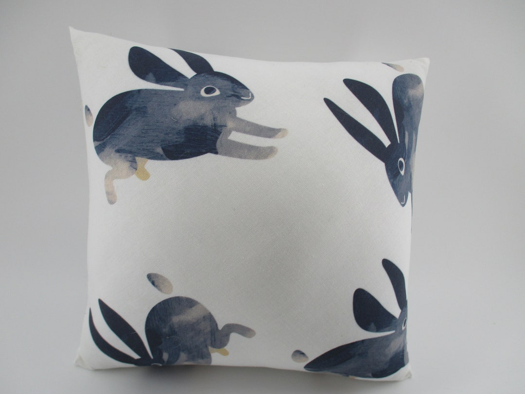 Navy Blue Bunny Rabbit on White Pillow, Sewn Crisscross Style, Machine ...