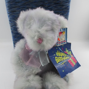10" lavendel Fuzzy Cuddly pluche teddybeer met Happy Birthday-kaart bevestigd.