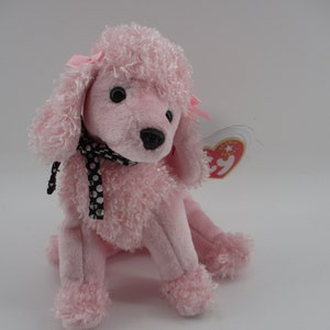 6&quot; Ty Beanie &quot;Brigitte&quot; Pink Poodle Dog with Black and White Collar Bow, retired, mint.