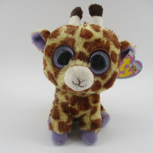 Safari, 9&quot; Ty Beanie Boo Giraffe, Purple Solid Glitter eyes, Purple Heart tag, new, retired, mint.