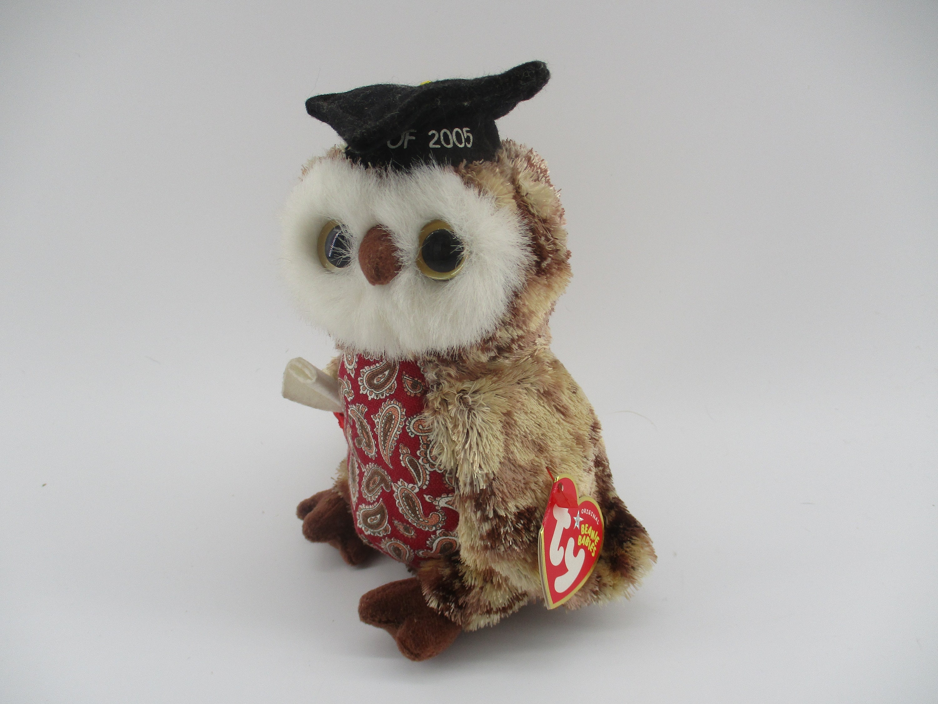 Smarty, the 6" Wise Graduating Owl Class of 2005, Brown and Red Paisley, retired, new.