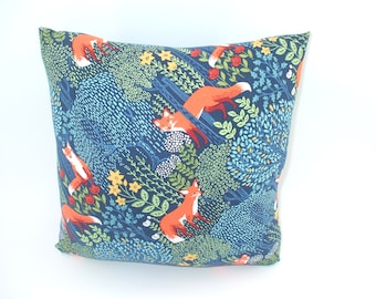 Blue Fox Forest pillow, Cotton Poplin, Crisscross Style, machine washable.  Two pillows receive free shipping.   13.5"x13.5"