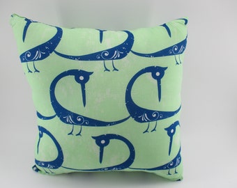 Almohada con estampado de pájaro azul: almohada de algodón verde (14" x 13".