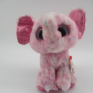 Ellie, éléphant rose Beanie Boo de 6 pouces avec taches bleu clair, yeux scintillants, retiré, neuf.