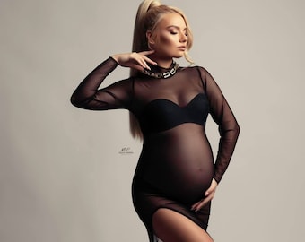 Maternity Gown for Photo Shoot • Layne Mesh Gown • Turtleneck Maternity Dress • Long Sleeve Maternity Gown • Maternity Bridesmaid Dress