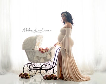 Maternity Gown for Photo Shoots • Mermaid style Maternity Dress • Melinda Gown • Bell Sleeve Maternity Dress