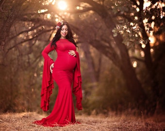 Maternity Gown for Photo Shoots • Fitted Maternity Dress • Marisol Gown • Bell Sleeve Maternity Dress • Bridesmaid Maternity