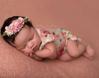 Ava Floral Romper {mint} • Knit Flutter Romper • Floral Romper • Baby Floral Romper • Newborn Photography Prop • Sitter Floral Romper