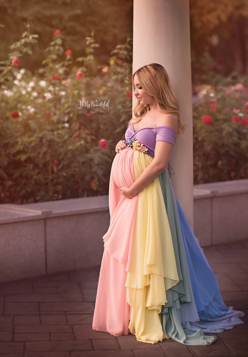 HOPE Gown Pastel Rainbow Maternity Gown Sheer Maternity Gown Rainbow Baby Gown Rainbow Dress Mult-Color Dress Maternity Photos image 3