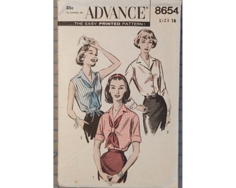 ORIGINAL Advance Sewing Pattern #8654 - 1958 Ladies Blouse or Blouson with Three Sleeve Options - Size 16 (Bust 36) - Partially Cut -Vintage