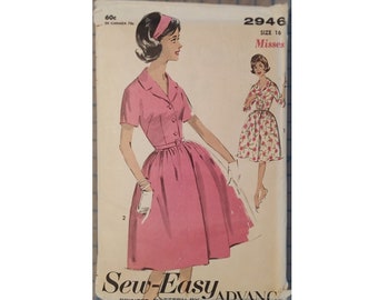 ORIGINAL Advance Sewing Pattern #2946 - 1962 One-Piece Shirtwaist Dress with Two Sleeve Options - Size 16 (Bust 36) - UNCUT/Factory Folded