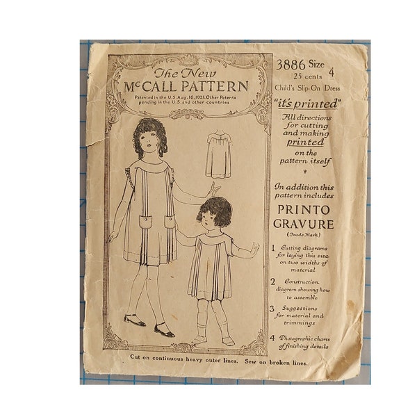 ORIGINAL McCall Sewing Pattern #3886 - 1924 Child's Slip-On Dress - Size 4 (Breast 23) - RARE - Vintage - 1920s