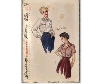 ORIGINAL Simplicity Sewing Pattern #2940 - 1949 Ladies Blouse with Two Sleeve Options - Size 20 (Bust 38) - Partially Cut -Vintage
