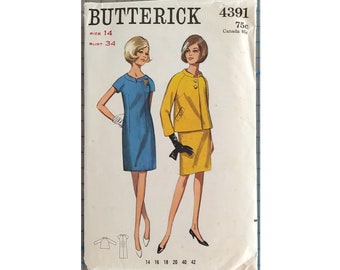ORIGINAL Butterick Sewing Pattern #4391 - 1967 One-Piece Dress with Jacket - Size 14 (Bust 34) - Vintage - Mod Look