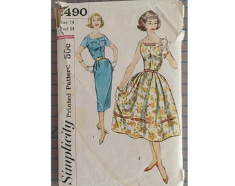ORIGINAL Simplicity Sewing Pattern #2490 - 1958 Misses' One-Piece Dress With Two Skirts & Two Sleeve Options - Size 14 (Bust 34) - Vintage