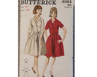ORIGINAL Butterick Sewing Pattern #3364 - 1965 One-Piece Soft Pleated Shirtwaist Dress with Two Sleeve Options - Size 16 (Bust 36) - Vintage