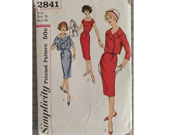 ORIGINAL Simplicity Sewing Pattern #2841 - 1959 Misses' One-Piece Dress & Jacket with Detachable Collar - Size 16 (Bust 36) - Factory Folded