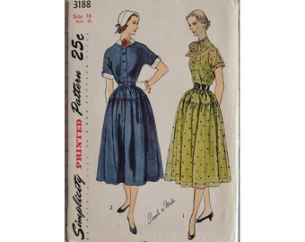 ORIGINAL Simplicity Sewing Pattern #3188 - 1950 Misses One-Piece Dress with Detachable Collar and Cuffs - Size 18 (Bust 36) - Factory Folded