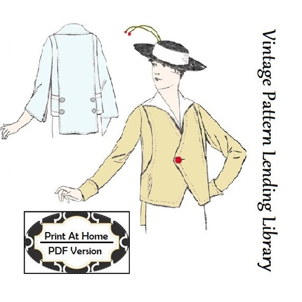 1915 Ladies Belted Jacket With Sleeve Options - INSTANT DOWNLOAD - Reproduction Sewing Pattern #E6080 - 34 Inch Bust - PDF - Print At Home