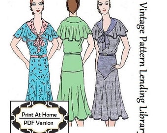 1930s Ladies Day Dress With Bertha - INSTANT DOWNLOAD 0 Reproduction 1931-32 Sewing Pattern #T0255 - 32-36 Inch Bust - PDF - Print At Home