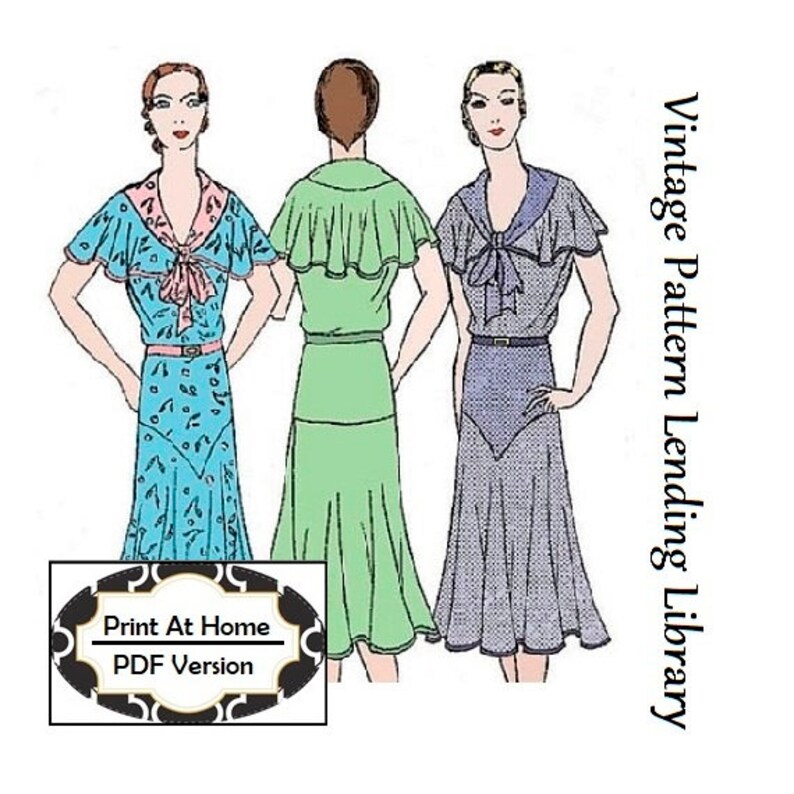 1930s Ladies Day Dress With Bertha INSTANT DOWNLOAD 0 Reproduction 1931-32 Sewing Pattern T0255 32-36 Inch Bust PDF Print At Home image 1