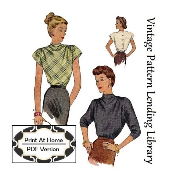 Jaren 1940 Dames Col-Style Hals Blouse - INSTANT DOWNLOAD - Reproductie 1946 Naaipatroon #F6690 - 34 Inch Bust - PDF - Print thuis