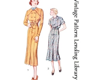 1930s Junior One Piece Frock with Double-Breasted Bodice - Collar & Sleeve Options - Reproduction 1936 Sewing Pattern #T8150 - 32 Inch Bust