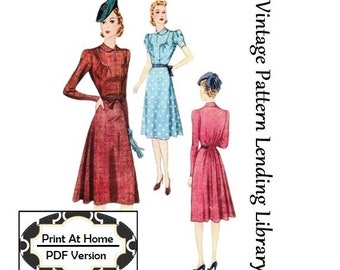 1940 Ladies Day Dress With Back Fullness - INSTANT DOWNLOAD - Reproduction Sewing Pattern #F3296 - 36 Inch Bust - PDF - Print At Home