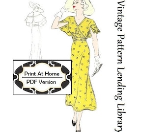 1930s Ladies Day Dress With Cape Sleeves - INSTANT DOWNLOAD - Reproduction 1935 Sewing Pattern #T0135 - PDF - Print At Home