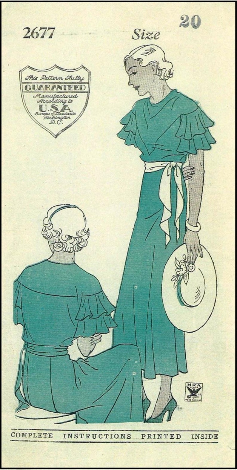 Robe pour femme des années 30 avec manches à volants Reproduction du patron de couture de 1934 T2677 38 pouces de buste image 5