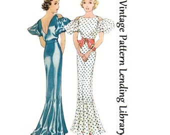 1930s Ladies Evening Gown With Drop Sleeves - Reproduction 1934 Sewing Pattern #T7903 - 38 Inch Bust