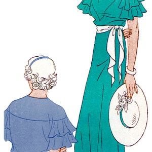 Robe pour femme des années 30 avec manches à volants Reproduction du patron de couture de 1934 T2677 38 pouces de buste image 6