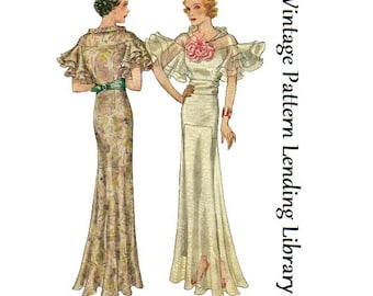 1930s Ladies Evening Gown With Wing Sleeves - Reproduction 1934 Sewing Pattern #T7653 - 34 Inch Bust