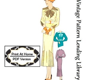 1930s Ladies Dress With Pleated Insets - INSTANT DOWNLOAD - Reproduction 1934 Sewing Pattern #T4496 - 34 Inch Bust - PDF - Print At Home