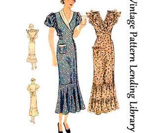 1930s Ladies Hooverette Day Dress - Reproduction 1935 Sewing Pattern #T1889 - 34 Inch Bust - Wrap Dress - House Dress