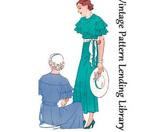 1930s Ladies Dress With Flounced Sleeves - Reproduction 1934 Sewing Pattern #T2677 - 38 Inch Bust